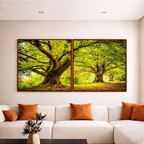 Duo de Quadros Quadrados Árvores Em Floresta Natureza Folhas Claridade Natureza Canvas Moldura