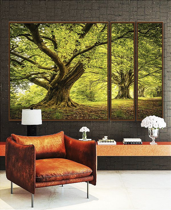 Trio de Quadros Estilizados Árvores Em Floresta Folhas Claridade Natureza Canvas Moldura