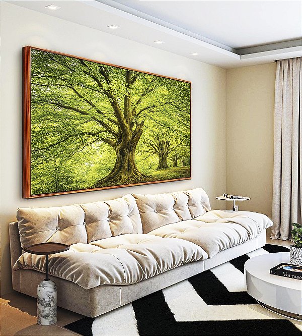 Quadro Horizontal Árvores Campo Floresta Natureza Iluminada Canvas Moldura