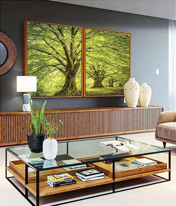 Duo de Quadros Árvores Campo Floresta Natureza Iluminada Canvas Moldura