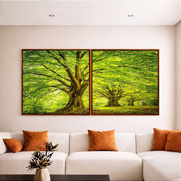 Duo de Quadros Quadrados Árvores Campo Floresta Natureza Iluminada Canvas Moldura