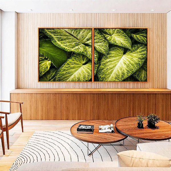 Duo de Quadros Quadrados Planta Folha Verde Claro Vivo Natureza Canvas Moldura