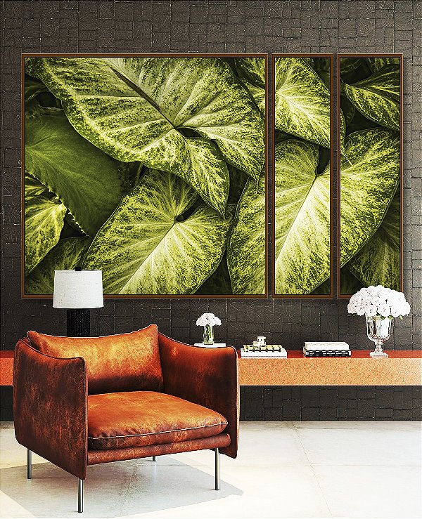 Trio de Quadros Estilizados Planta Folha Verde Claro Vivo Natureza Canvas Moldura