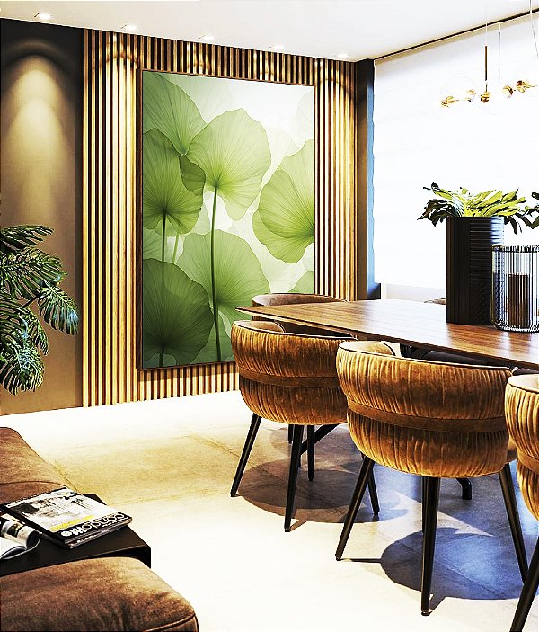 Quadro Vertical Planta Folhas de Lótus Verde Natureza Canvas Moldura