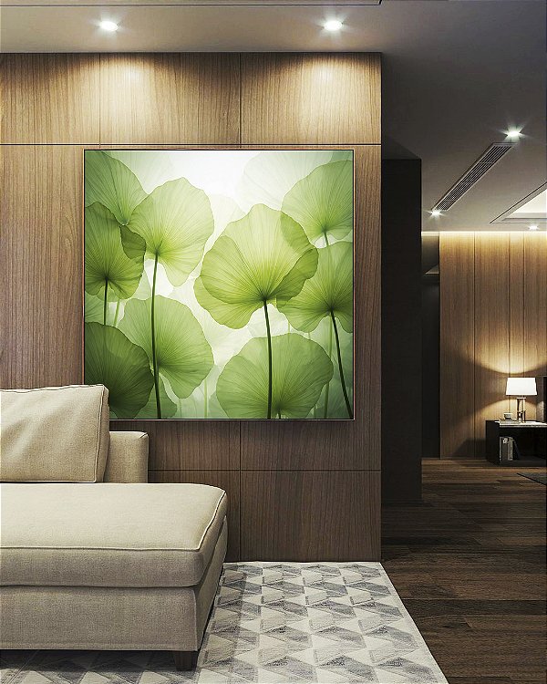 Quadro Quadrado Planta Folhas de Lótus Verde Natureza Canvas Moldura