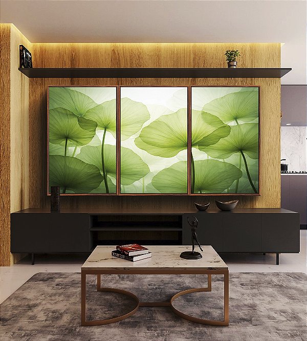 Trio de Quadros Planta Folhas de Lótus Verde Natureza Canvas Moldura