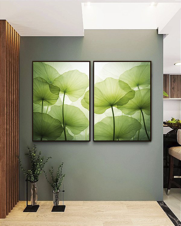 Duo de Quadros Planta Folhas de Lótus Verde Natureza Canvas Moldura