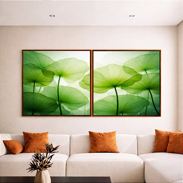 Duo de Quadros Quadrados Planta Folhas de Lótus Verde Natureza Canvas Moldura