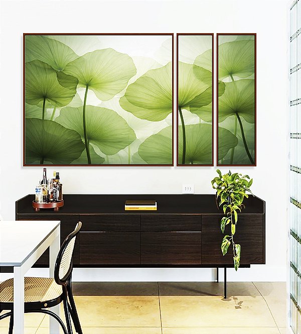 Trio de Quadros Estilizados Planta Folhas de Lótus Verde Natureza Canvas Moldura