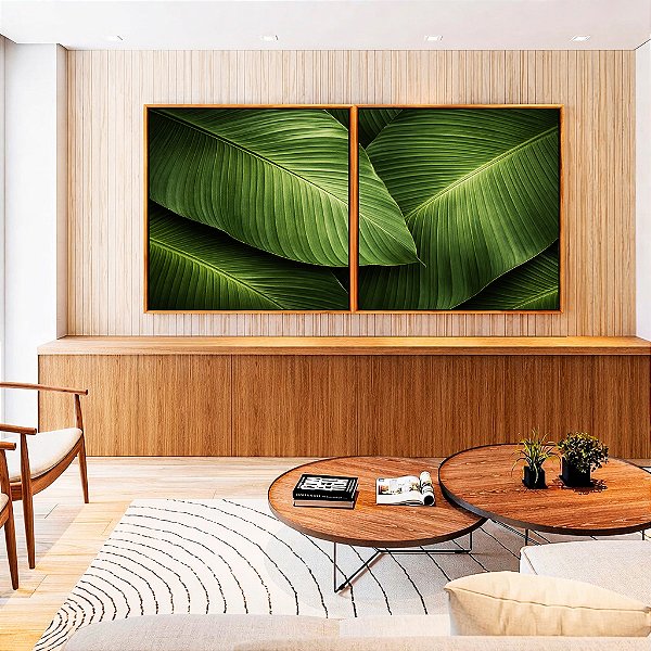 Duo de Quadros Quadrados Folhagem Bananeira tropical Verde Natureza Canvas Moldura