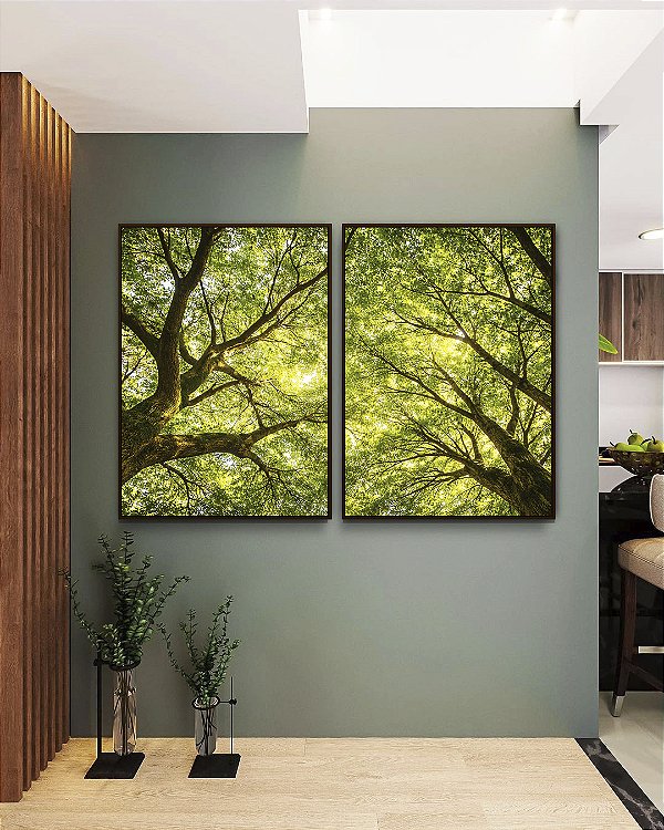 Duo de Quadros Paisagem Céu Árvores Folhas Galhos Equilibrados Natureza Canvas Moldura
