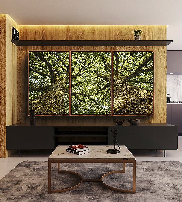 Trio de Quadros Árvores Folhas Troncos Galhos Paisagem Natureza Canvas Moldura