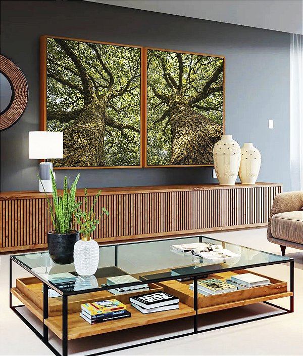Duo de Quadros Árvores Folhas Troncos Galhos Paisagem Natureza Canvas Moldura