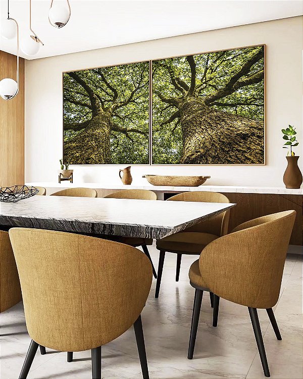 Duo de Quadros Quadrados Árvores Folhas Troncos Galhos Paisagem Natureza Canvas Moldura