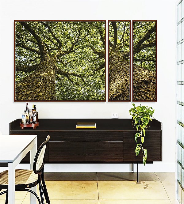 Trio de Quadros Estilizados Árvores Folhas Troncos Galhos Paisagem Natureza Canvas Moldura