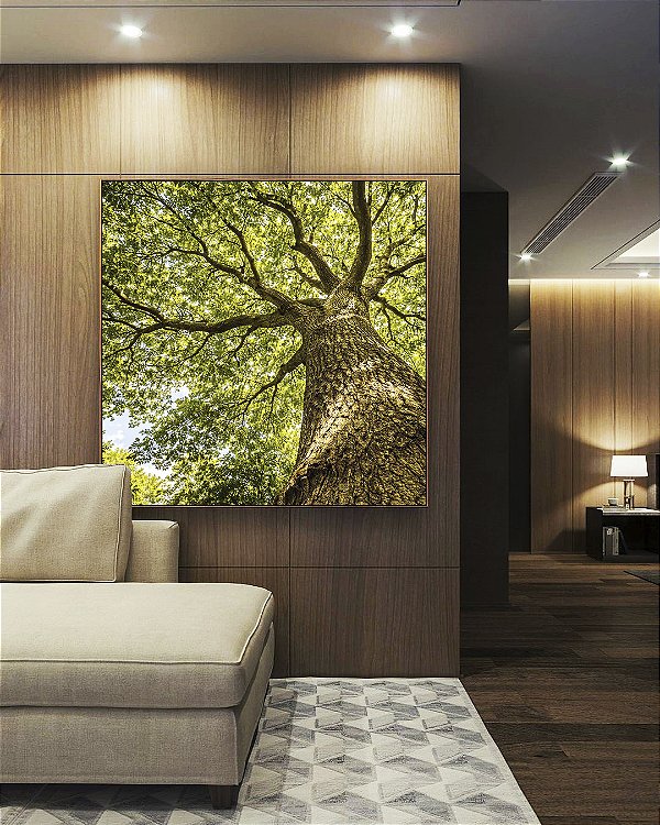 Quadro Quadrado Árvore Galhos Folhas Verdes Vibrantes Céu Paisagem Natureza Canvas Moldura