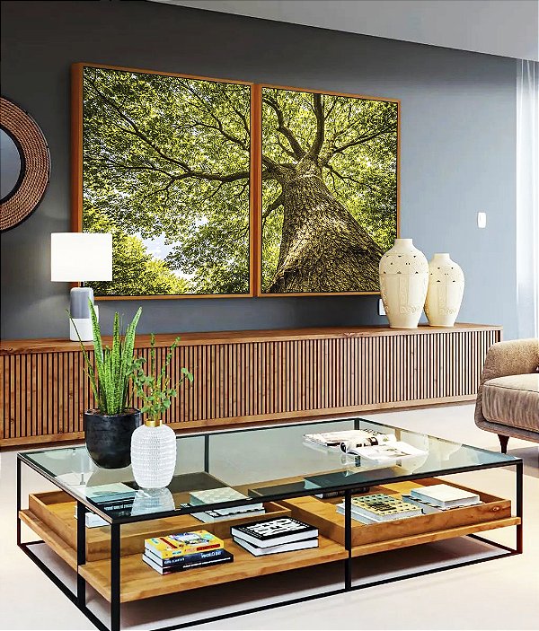 Duo de Quadros Árvore Galhos Folhas Verdes Vibrantes Céu Paisagem Natureza Canvas Moldura