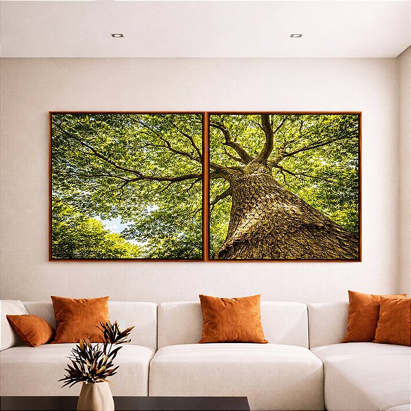 Duo de Quadros Quadrados Árvore Galhos Folhas Verdes Vibrantes Céu Paisagem Natureza Canvas Moldura