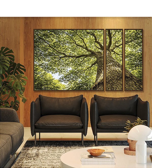 Trio de Quadros Estilizados Árvore Galhos Folhas Verdes Vibrantes Céu Paisagem Natureza Canvas Moldura