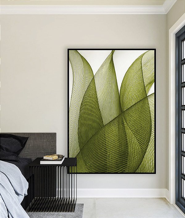 Quadro Vertical Folhas Verdes Vibrante Abstratas Onduladas Arte Canvas Moldura
