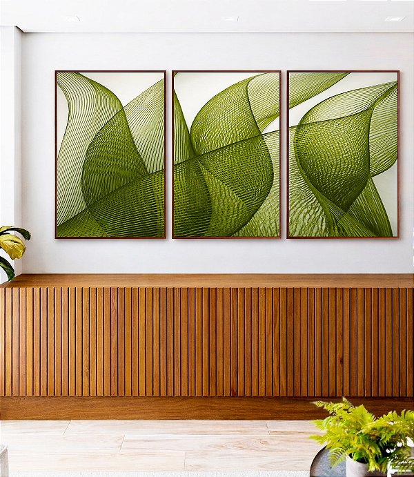 Trio de Quadro Folhas Verdes Vibrante Abstratas Onduladas Arte Canvas Moldura
