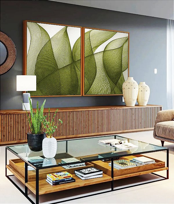 Duo de Quadros Folhas Verdes Vibrante Abstratas Onduladas Arte Canvas Moldura