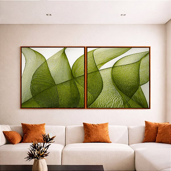 Duo de Quadros Quadrados Folhas Verdes Vibrante Abstratas Onduladas Arte Canvas Moldura