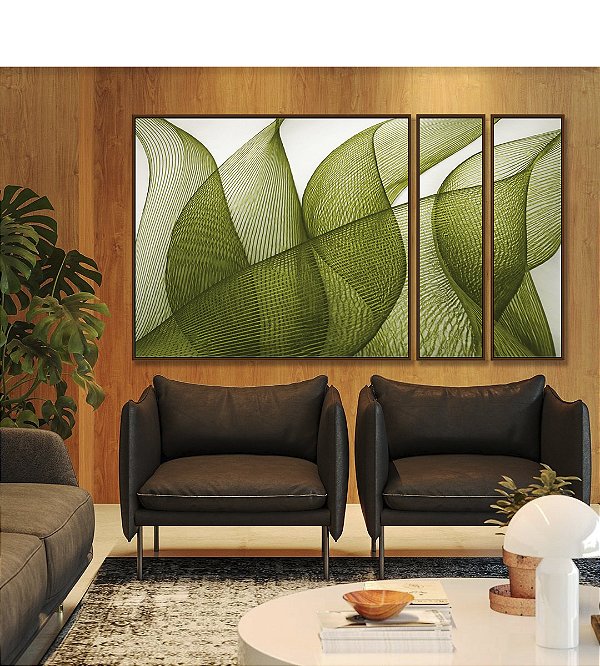 Trio de Quadros Estilizados Folhas Verdes Vibrante Abstratas Onduladas Arte Canvas Moldura