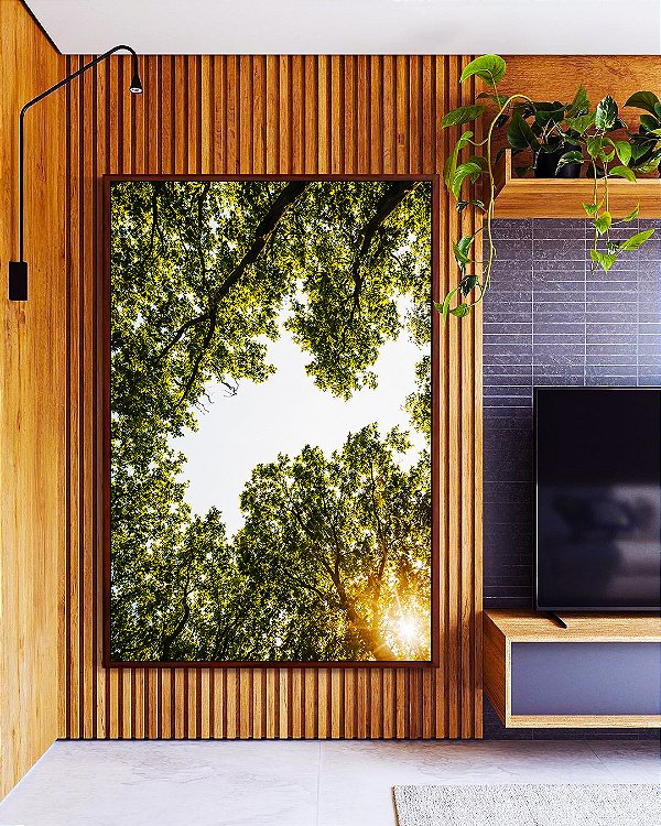 Quadro Vertical Céu Claro Árvore Folhas Verdes Paisagem Natureza Canvas Moldura