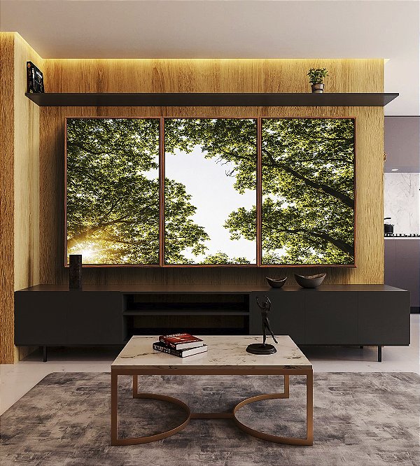 Trio de Quadros Céu Claro Árvore Folhas Verdes Paisagem Natureza Canvas Moldura