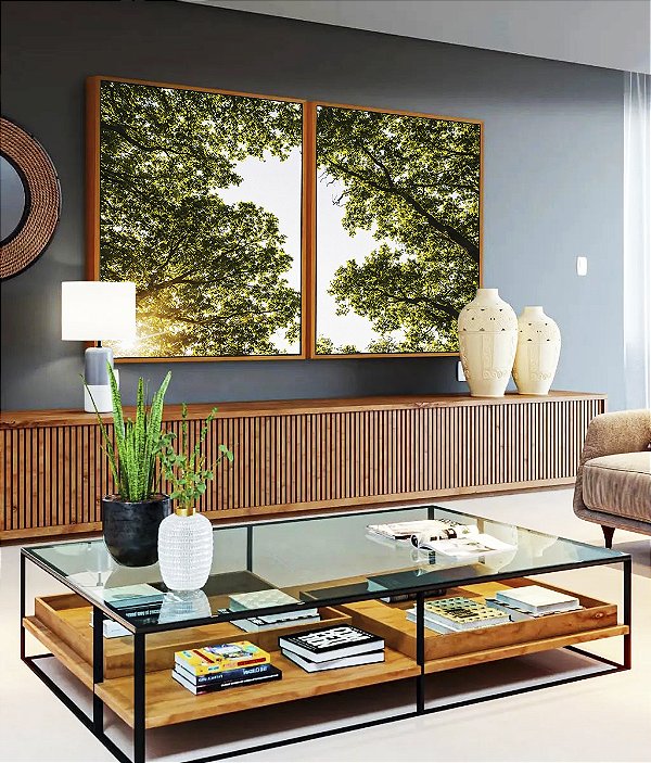 Duo de Quadros Céu Claro Árvore Folhas Verdes Paisagem Natureza Canvas Moldura