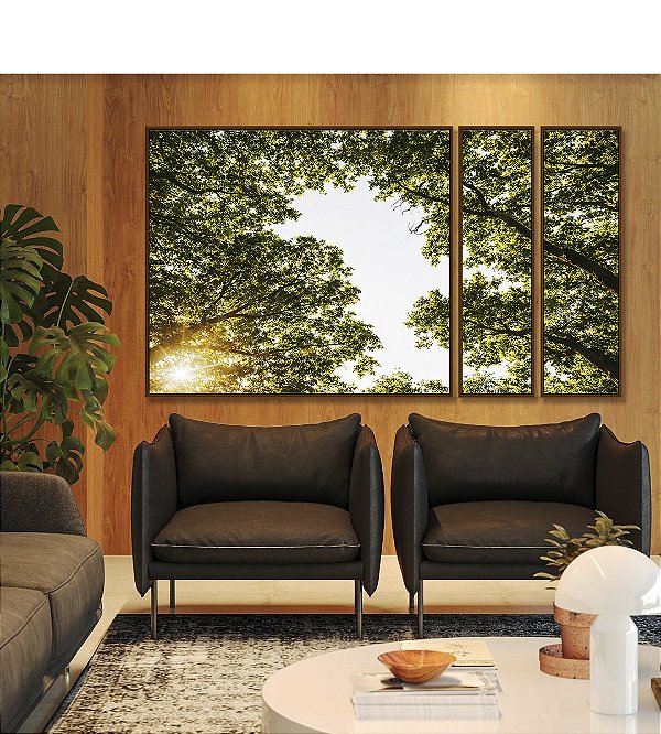 Trio de Quadros Estilizados Céu Claro Árvore Folhas Verdes Paisagem Natureza Canvas Moldura