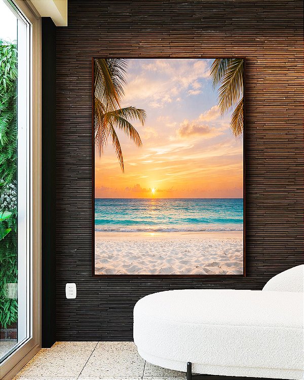 Quadro Vertical Sol Praia Mar Azul Coqueiros Litoral Tropical Canvas Moldura