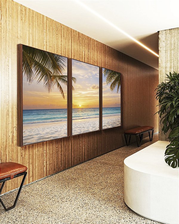 Trio de Quadros Sol Praia Mar Azul Coqueiros Litoral Tropical Canvas Moldura