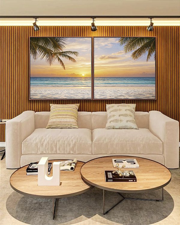Duo de Quadros Quadrados Sol Praia Mar Azul Coqueiros Litoral Tropical Canvas Moldura