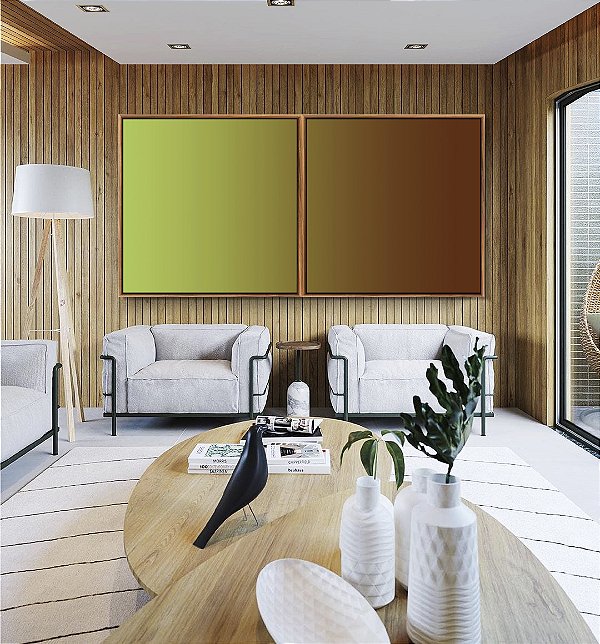 Duo de Quadros Quadrados Abstrato Degradê Verde Claro Marrom Chocolate Canvas Moldura