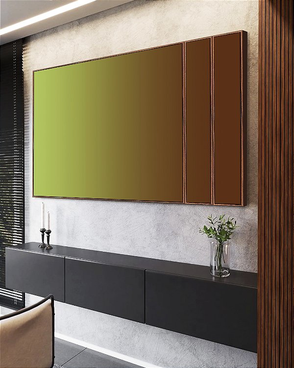 Trio de Quadros Estilizados Abstrato Degradê Verde Claro Marrom Chocolate Canvas Moldura