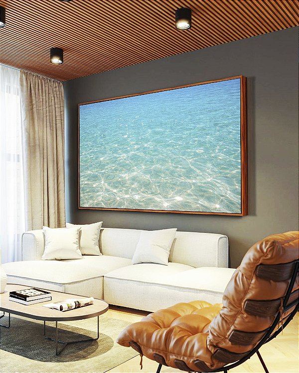 Quadro Horizontal Mar Azul Cristalino Reflexos do Sol Praia Areia Natureza Canvas Moldura