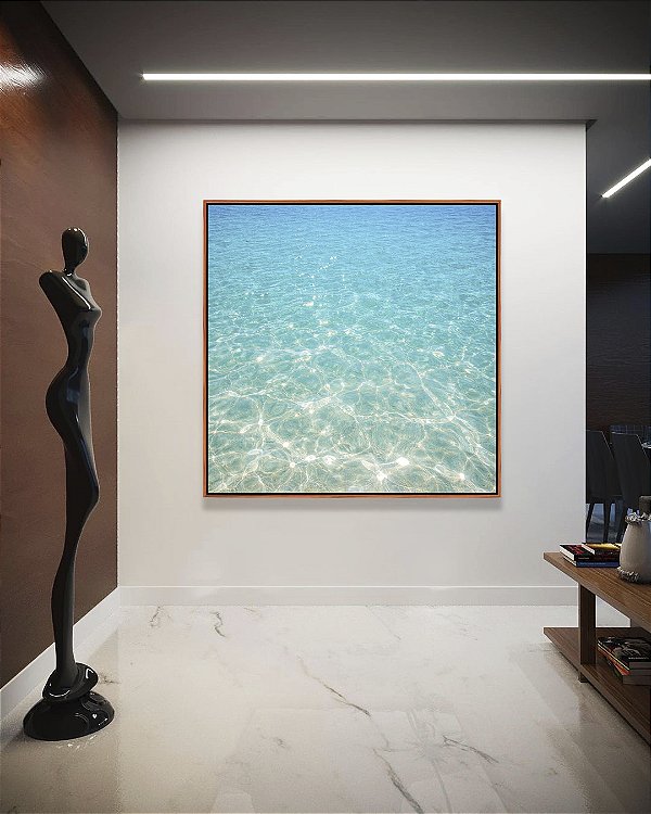 Quadro Quadrado Mar Azul Cristalino Reflexos do Sol Praia Areia Natureza Canvas Moldura