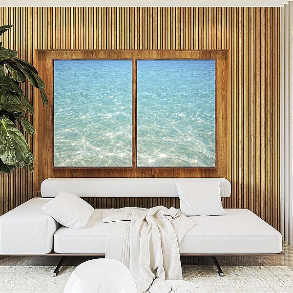 Duo de Quadros Mar Azul Cristalino Reflexos do Sol Praia Areia Natureza Canvas Moldura