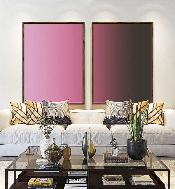 Duo de Quadros Abstrato Degrade Rosa Vibrante cinza Canvas Moldura