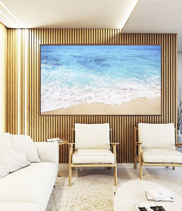 Quadro Horizontal Mar Azul Claro Cristalino Espuma na Areia Praia Natural Canvas Moldura
