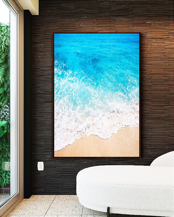 Quadro Vertical Mar Azul Claro Cristalino Espuma na Areia Praia Canvas Moldura