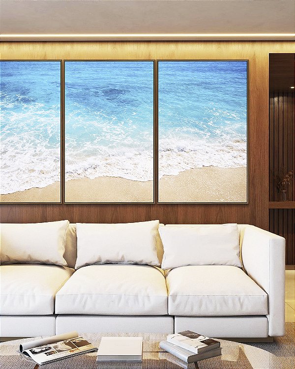 Trio de Quadros Mar Azul Claro Cristalino Espuma na Areia Praia Canvas Moldura