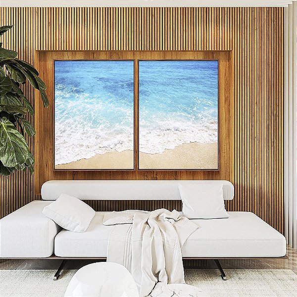 Duo de Quadros Mar Azul Claro Cristalino Espuma na Areia Praia Canvas Moldura