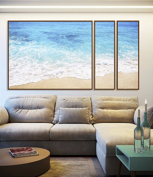 Trio de Quadros Estilizados Mar Azul Claro Cristalino Espuma na Areia Praia Canvas Moldura