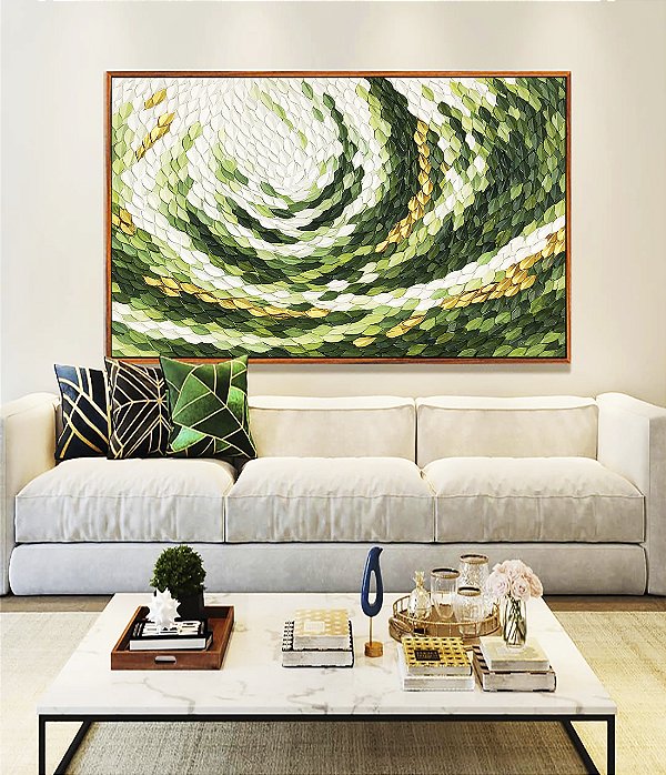 Quadro Horizontal Verde Dourado Movimento Circular Textura Orgânica Canvas Moldura