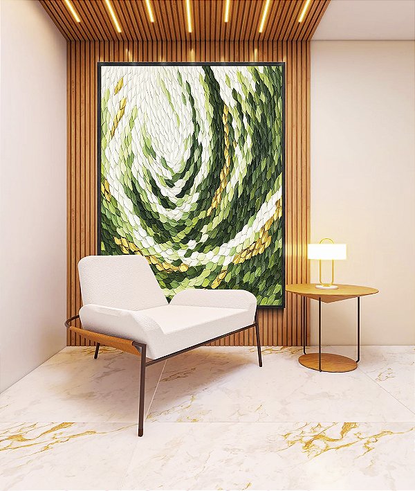 Quadro Vertical Verde Dourado Movimento Circular Textura Orgânica Canvas Moldura