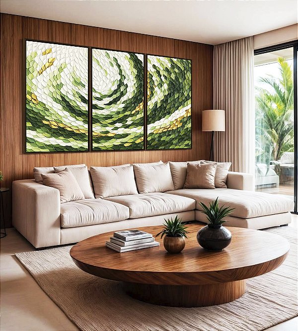Trio de Quadros Verde Dourado Movimento Circular Textura Orgânica Canvas Moldura