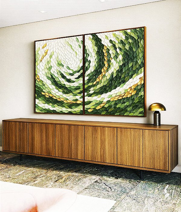 Duo de Quadros Verde Dourado Movimento Circular Textura Orgânica Canvas Moldura